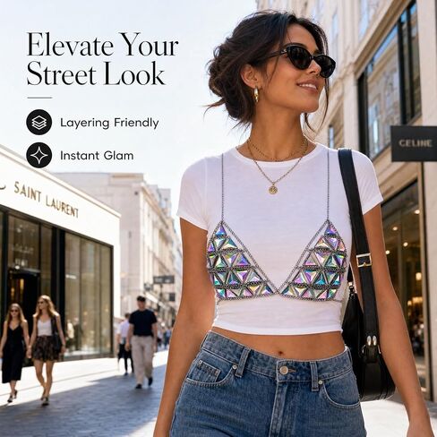 1 Pack Geometric Triangle Body Chain, Alloy Chain with Iridescent Acrylic Triangle Pieces, Integrated Body Chain for Women, Rave Bikini Top Festival Wear in Saudi Arabia