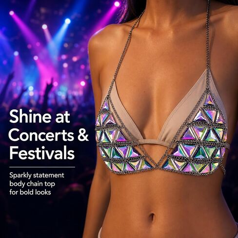 1 Pack Geometric Triangle Body Chain, Alloy Chain with Iridescent Acrylic Triangle Pieces, Integrated Body Chain for Women, Rave Bikini Top Festival Wear in Saudi Arabia