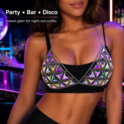 1 Pack Geometric Triangle Body Chain, Alloy Chain with Iridescent Acrylic Triangle Pieces, Integrated Body Chain for Women, Rave Bikini Top Festival Wear in Saudi Arabia