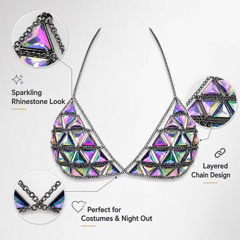 1 Pack Geometric Triangle Body Chain, Alloy Chain with Iridescent Acrylic Triangle Pieces, Integrated Body Chain for Women, Rave Bikini Top Festival Wear in Saudi Arabia