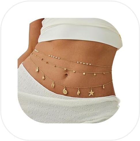 3Pcs Seashell Pearl Waist Chain Jewelry,Gold Starfish Conch Tassel Waist Body Chains,Summer Beach Bikini Sequin Belly Chain for Women in Kuwait