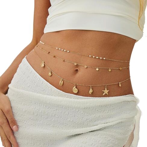3Pcs Seashell Pearl Waist Chain Jewelry,Gold Starfish Conch Tassel Waist Body Chains,Summer Beach Bikini Sequin Belly Chain for Women in Kuwait