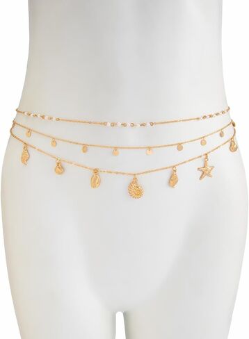 3Pcs Seashell Pearl Waist Chain Jewelry,Gold Starfish Conch Tassel Waist Body Chains,Summer Beach Bikini Sequin Belly Chain for Women in Kuwait
