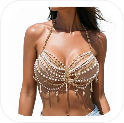 Summer Beach Multi-layered Pearl Beaded Chest Chain Festival Rave Wedding Pearl Crop Top Bikini Seashell Tassel Body Chain Bra Jewelry for Women in Kuwait