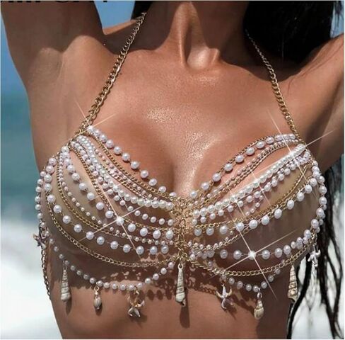 Summer Beach Multi-layered Pearl Beaded Chest Chain Festival Rave Wedding Pearl Crop Top Bikini Seashell Tassel Body Chain Bra Jewelry for Women in Kuwait