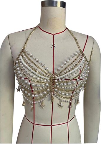 Summer Beach Multi-layered Pearl Beaded Chest Chain Festival Rave Wedding Pearl Crop Top Bikini Seashell Tassel Body Chain Bra Jewelry for Women in Kuwait