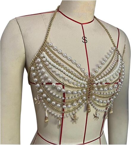 Summer Beach Multi-layered Pearl Beaded Chest Chain Festival Rave Wedding Pearl Crop Top Bikini Seashell Tassel Body Chain Bra Jewelry for Women in Kuwait