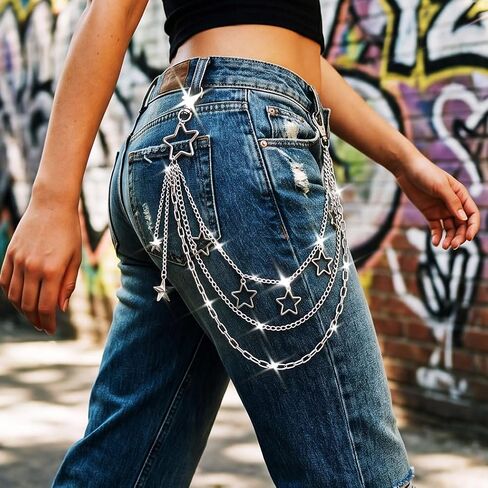 Star Jean Chain Belts Layered Gothic Punk Pant Chains Silver Y2K Pocket Chain for Women and Men in Kuwait
