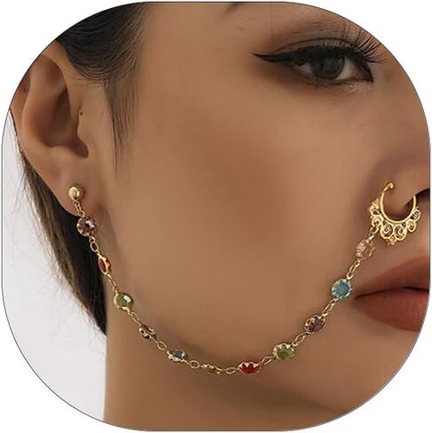 Nose Ring Hoop with Chain to Ear Cuff for Women Punk Non Piercing Nose Hoop Dangle Chain Body Jewelry Indian in Saudi Arabia
