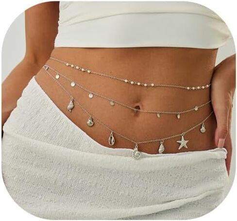 3Pcs Seashell Pearl Waist Chain Jewelry,Gold Starfish Conch Tassel Waist Body Chains,Summer Beach Bikini Sequin Belly Chain for Women in Kuwait