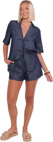 Petal & Pup Women's Aaliyah-Chambray-Shorts-Dark-wash in Kuwait