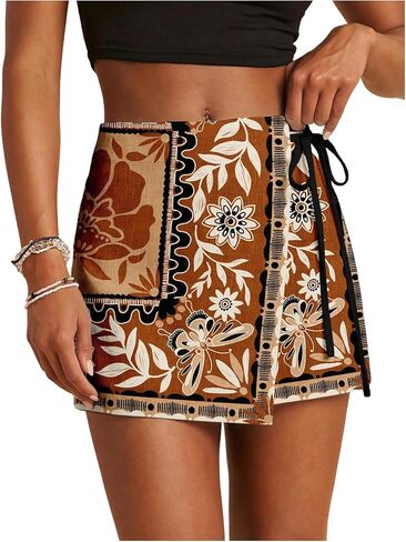 SweatyRocks Women's Boho Mini Skirts Floral Shorts Tie Side Wrap Elastic Waist Summer Skorts Beach Vacation Outfits Rust Brown Large in Kuwait