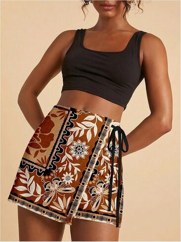 SweatyRocks Women's Boho Mini Skirts Floral Shorts Tie Side Wrap Elastic Waist Summer Skorts Beach Vacation Outfits Rust Brown Large in Kuwait