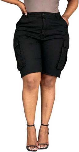 Unybwonn Women Camo Cargo Bermuda Shorts Camouflage High Waist Wide Leg Stretchy Denim Long Shorts Army Fatigue Jean Jorts in Saudi Arabia