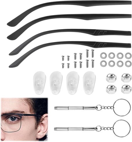 2 Pairs Universal Glasses Arms Legs Replacement, Glasses Repair/Tightenin Kit, Glasse Temple Replacement with Screws, Screwdrivers, Nose Pads(2 Kinds, Black) in Saudi Arabia