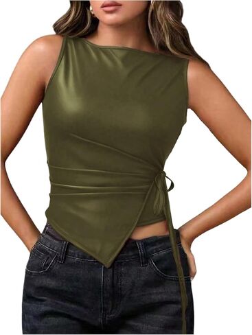 Milumia Women's Faux Pu Leather Crop Tank Top Boat Neck Ruched Asymmetrical Party Club Tops in Saudi Arabia