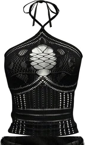 SHENHE Women's Y2K Gothic Punk Ripped Halter Crop Top Backless Sexy Clubwear Rave Clothes in Kuwait