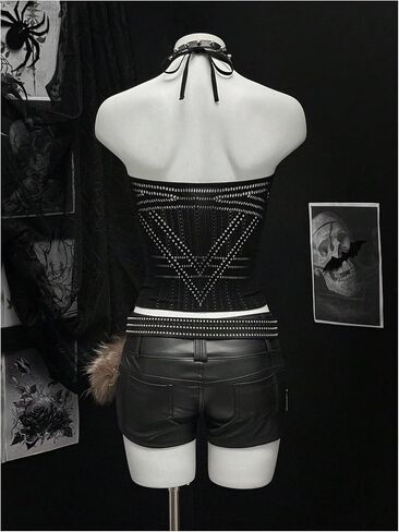 SHENHE Women's Y2K Gothic Punk Ripped Halter Crop Top Backless Sexy Clubwear Rave Clothes in Kuwait