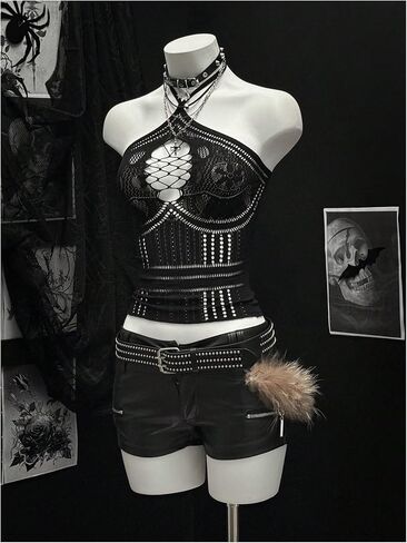 SHENHE Women's Y2K Gothic Punk Ripped Halter Crop Top Backless Sexy Clubwear Rave Clothes in Kuwait