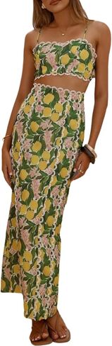 Women's Summer Holiday 2 Piece Outfit Floral Print Backless Cami Top and High Waisted Maxi Slit Skirt Flax Sets in Saudi Arabia