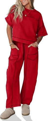 Fisoew Womens 2 Piece Outfits Lounge Sets Short Sleeve Tops and Wide Leg Pants Travel Vacation Casual Matching Sets in Kuwait