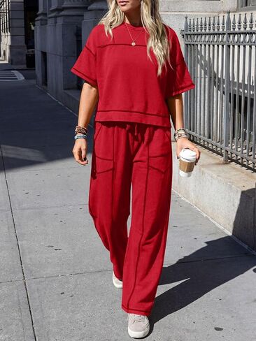 Fisoew Womens 2 Piece Outfits Lounge Sets Short Sleeve Tops and Wide Leg Pants Travel Vacation Casual Matching Sets in Kuwait