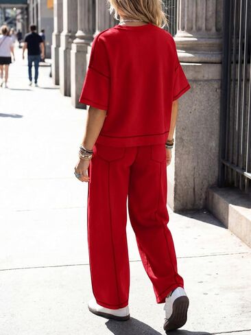 Fisoew Womens 2 Piece Outfits Lounge Sets Short Sleeve Tops and Wide Leg Pants Travel Vacation Casual Matching Sets in Kuwait