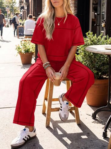 Fisoew Womens 2 Piece Outfits Lounge Sets Short Sleeve Tops and Wide Leg Pants Travel Vacation Casual Matching Sets in Kuwait
