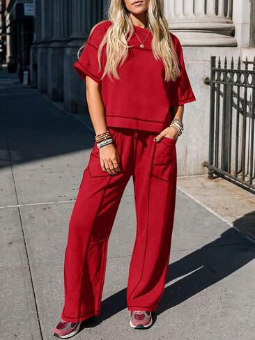 Fisoew Womens 2 Piece Outfits Lounge Sets Short Sleeve Tops and Wide Leg Pants Travel Vacation Casual Matching Sets in Kuwait
