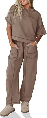 Fisoew Womens 2 Piece Outfits Lounge Sets Short Sleeve Tops and Wide Leg Pants Travel Vacation Casual Matching Sets in Kuwait