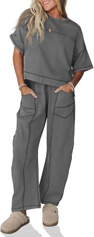 Fisoew Womens 2 Piece Outfits Lounge Sets Short Sleeve Tops and Wide Leg Pants Travel Vacation Casual Matching Sets in Kuwait