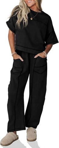Fisoew Womens 2 Piece Outfits Lounge Sets Short Sleeve Tops and Wide Leg Pants Travel Vacation Casual Matching Sets in Kuwait