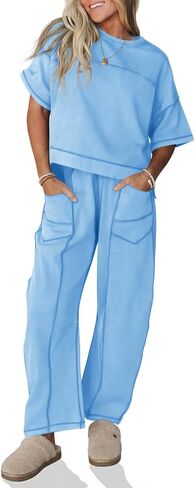 Fisoew Womens 2 Piece Outfits Lounge Sets Short Sleeve Tops and Wide Leg Pants Travel Vacation Casual Matching Sets in Kuwait