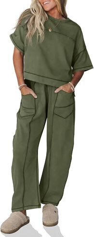 Fisoew Womens 2 Piece Outfits Lounge Sets Short Sleeve Tops and Wide Leg Pants Travel Vacation Casual Matching Sets in Kuwait