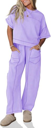 Fisoew Womens 2 Piece Outfits Lounge Sets Short Sleeve Tops and Wide Leg Pants Travel Vacation Casual Matching Sets in Kuwait
