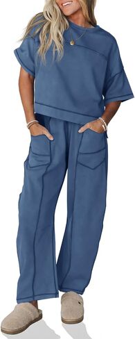 Fisoew Womens 2 Piece Outfits Lounge Sets Short Sleeve Tops and Wide Leg Pants Travel Vacation Casual Matching Sets in Kuwait
