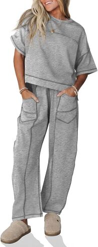 Fisoew Womens 2 Piece Outfits Lounge Sets Short Sleeve Tops and Wide Leg Pants Travel Vacation Casual Matching Sets in Kuwait