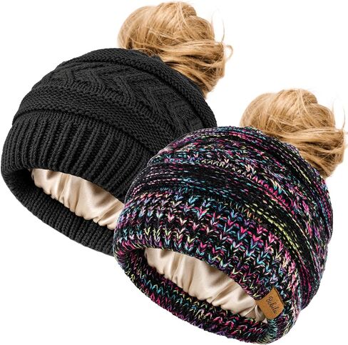Bebila 2 Pack Ponytail Beanies for Women, Smooth Satin Liner Winter Knit Hat with Ponytail Hole for Running Workouts (Black+Purple Multicolor) in Saudi Arabia