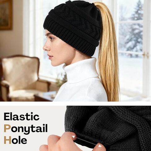 Bebila 2 Pack Ponytail Beanies for Women, Smooth Satin Liner Winter Knit Hat with Ponytail Hole for Running Workouts (Black+Purple Multicolor) in Saudi Arabia