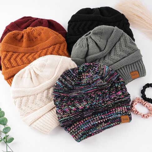 Bebila 2 Pack Ponytail Beanies for Women, Smooth Satin Liner Winter Knit Hat with Ponytail Hole for Running Workouts (Black+Purple Multicolor) in Saudi Arabia