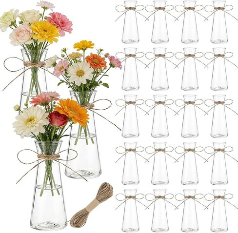 20 Pcs Plastic Bud Vases Bulk with Twines Rope, 6.7" Small Flower Vase for Table Centerpieces, Clear Mini Conical Vase for Flower, Home Office Wedding Table Decorations in Saudi Arabia