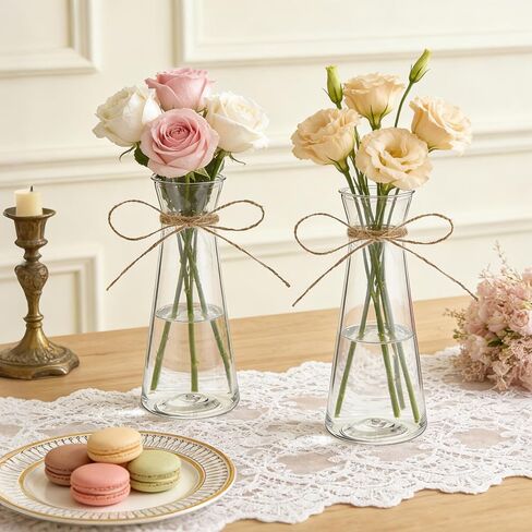 20 Pcs Plastic Bud Vases Bulk with Twines Rope, 6.7" Small Flower Vase for Table Centerpieces, Clear Mini Conical Vase for Flower, Home Office Wedding Table Decorations in Saudi Arabia