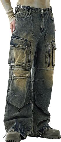 Men's Blue Hip Hop Streetwear Joggers Denim Sweatpants Techwear Vintage Cargo Pants Wide-Leg Multi-Pocket Jeans in Saudi Arabia