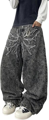DFGIGT Mens Hip Hop Baggy Jeans Y2k Stylish Patch Embroidery Wide Leg Jeans Casual Skater Loose Fit Denim Pants in Saudi Arabia