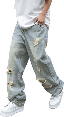 SweatyRocks Men's Baggy Jeans Ripped Loose Low Waist Casual Wide Leg Denim Pants Streetwear in Kuwait