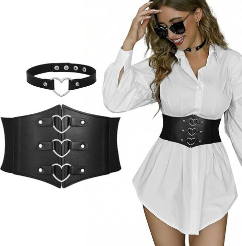 Women Corset Belt With Black Choker Set，Heart-Ring Wide Elastic Waist Corset for Daily Cosplay Halloween Costume in Saudi Arabia