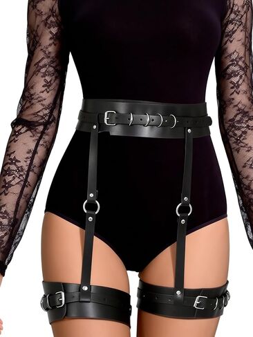 Women Adjustable Thigh Belt with Waist Strap, Faux Leather Alloy Leg Harness Belt for Festival Street Style Outfits(Waist 24.6-37.6in) in Saudi Arabia