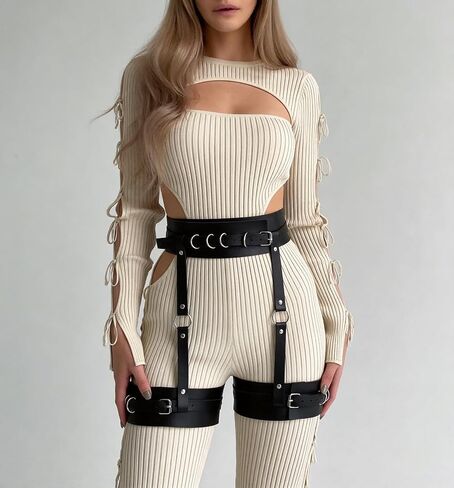 Women Adjustable Thigh Belt with Waist Strap, Faux Leather Alloy Leg Harness Belt for Festival Street Style Outfits(Waist 24.6-37.6in) in Saudi Arabia