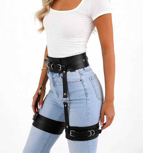Women Adjustable Thigh Belt with Waist Strap, Faux Leather Alloy Leg Harness Belt for Festival Street Style Outfits(Waist 24.6-37.6in) in Saudi Arabia