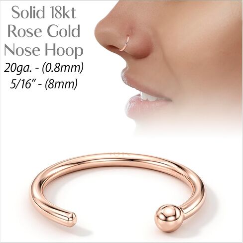 Body Candy 18k Solid Rose Gold Nose Hoop Nose Ring, Real Gold Hypoallergenic Nose Piercing Jewelry - Handmade in USA by Master Jeweler, 20 Gauge 5/16" in Kuwait